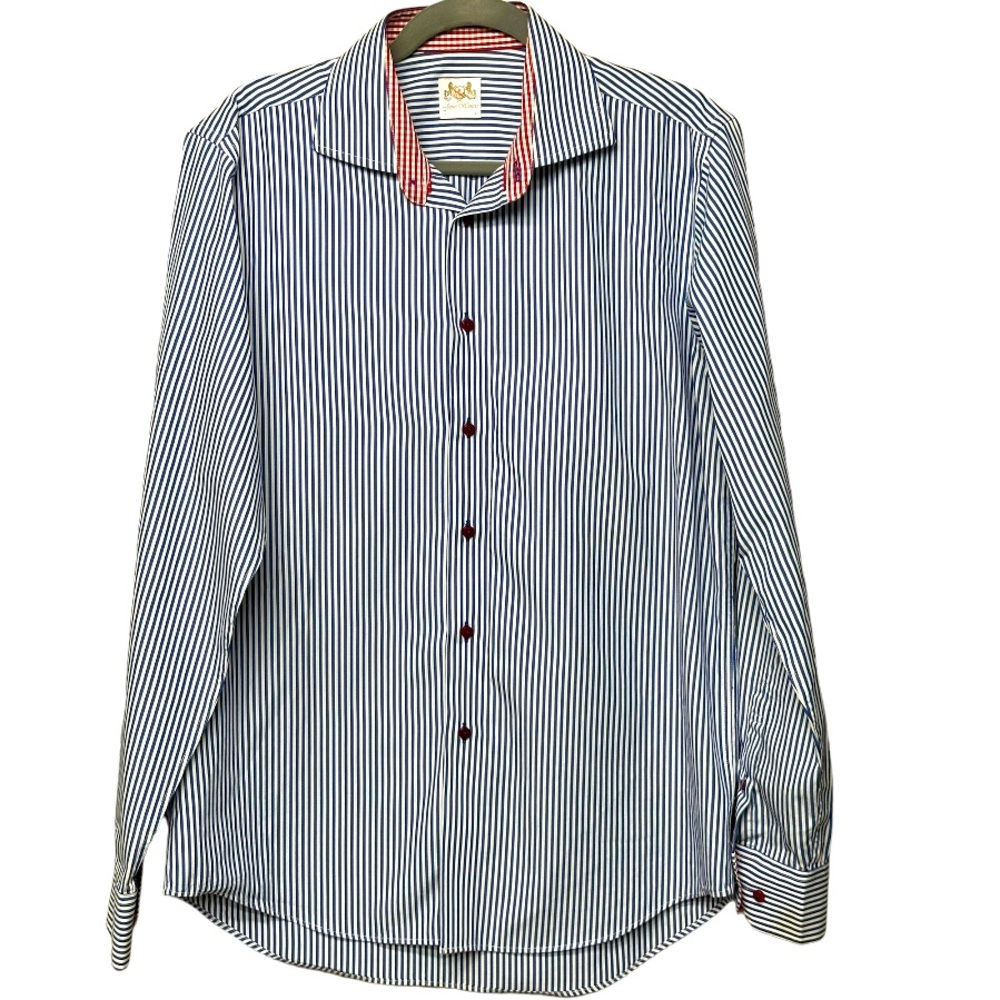 John Henric Blue Stripe With Red Checker Lining Oxford Shirt‎ Size L